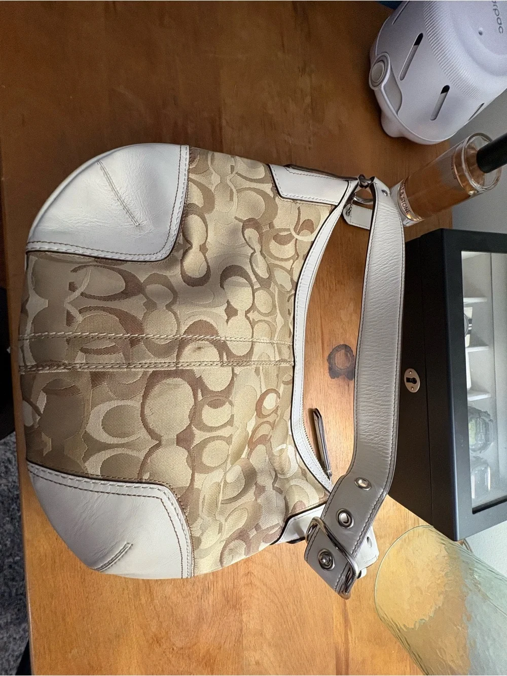 Coach Tan Signature Canvas Hobo with Chalk Trim